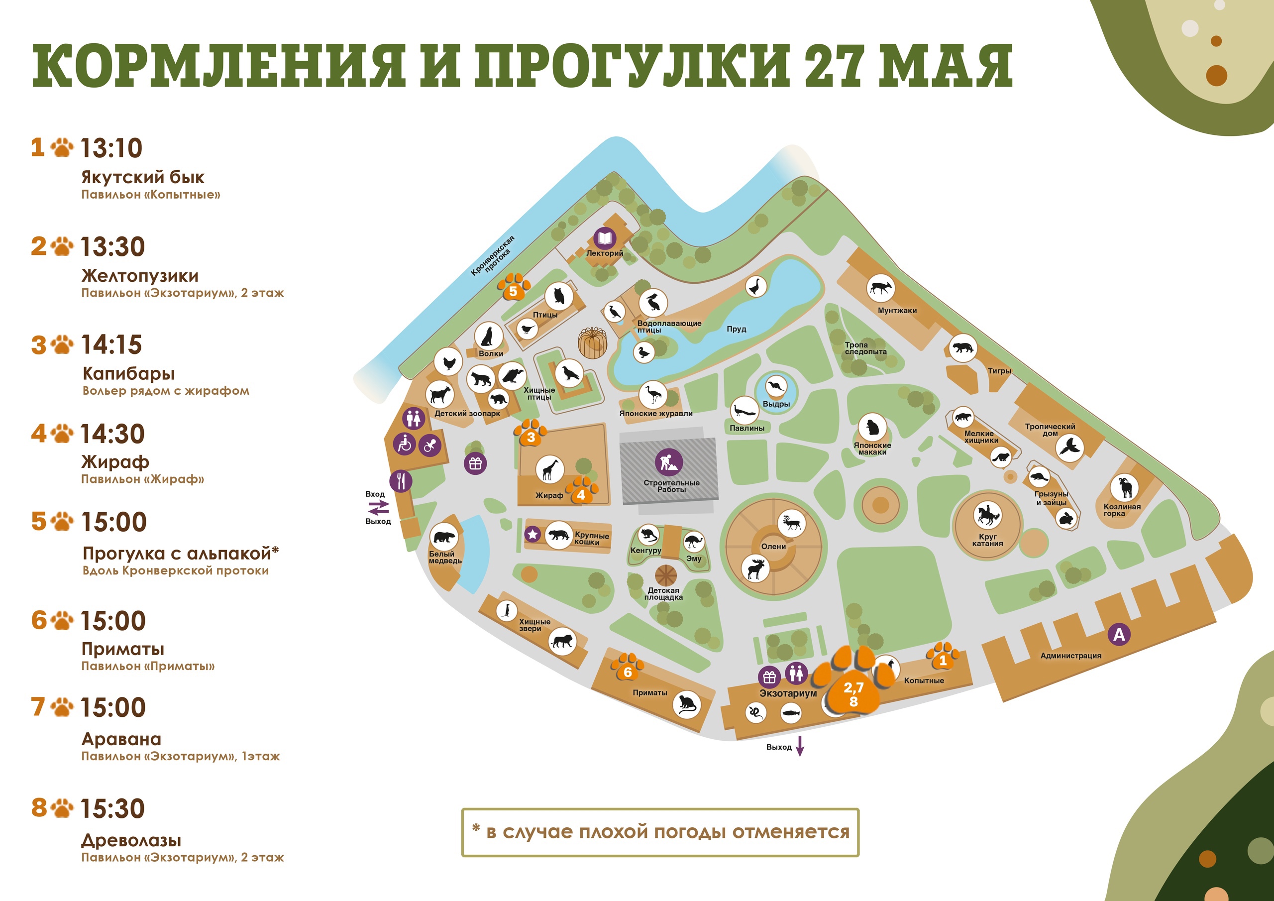Расписание кормлений в Ленинградском зоопарке 27 мая 2024 года
